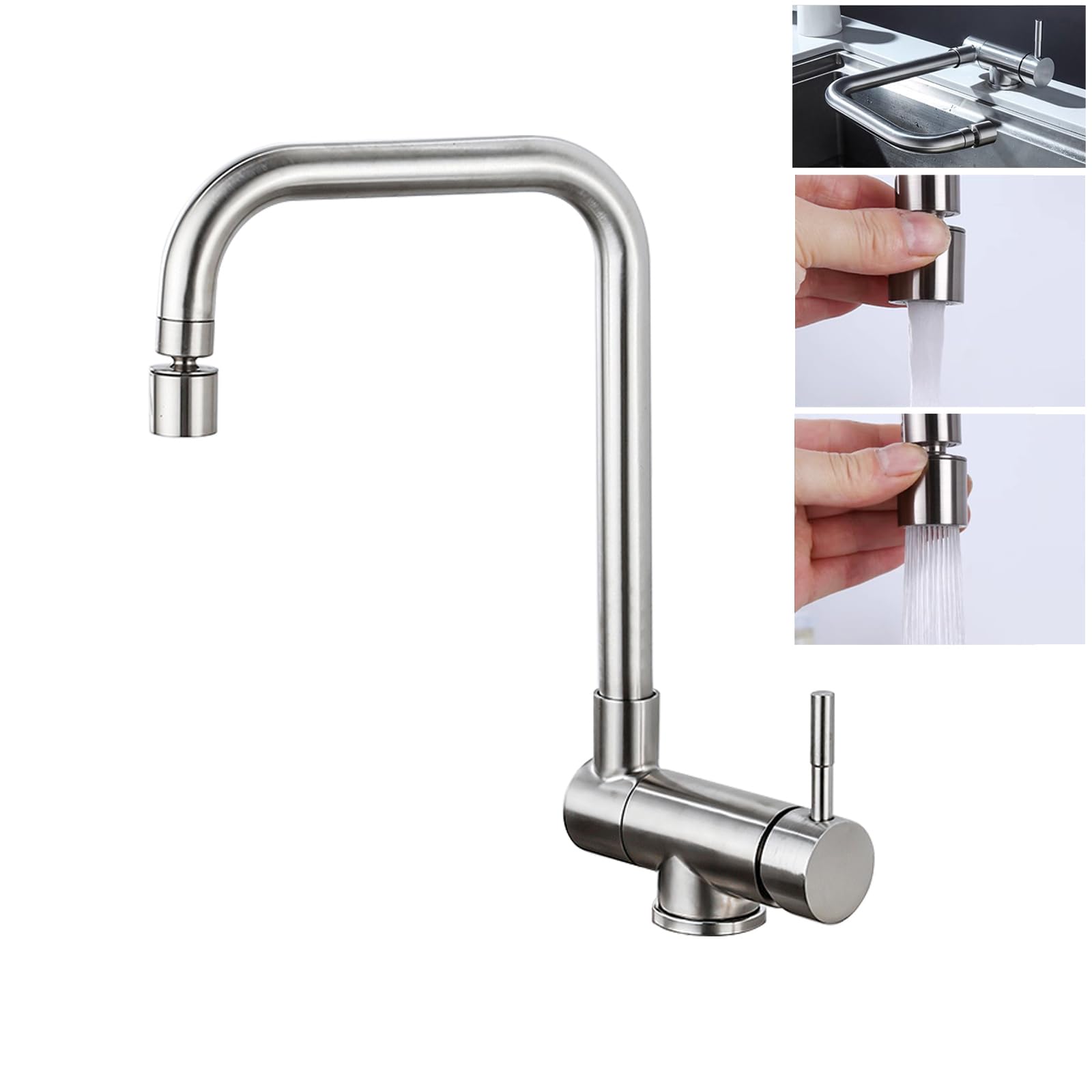 Grifo de Cocina Abatible Bajo Ventana, Triple Rotación (360° Frontal y Lateral + Boquilla Inclinable), Acero Inoxidable 304 Reforzado Anticorrosión (Inox cepillado)