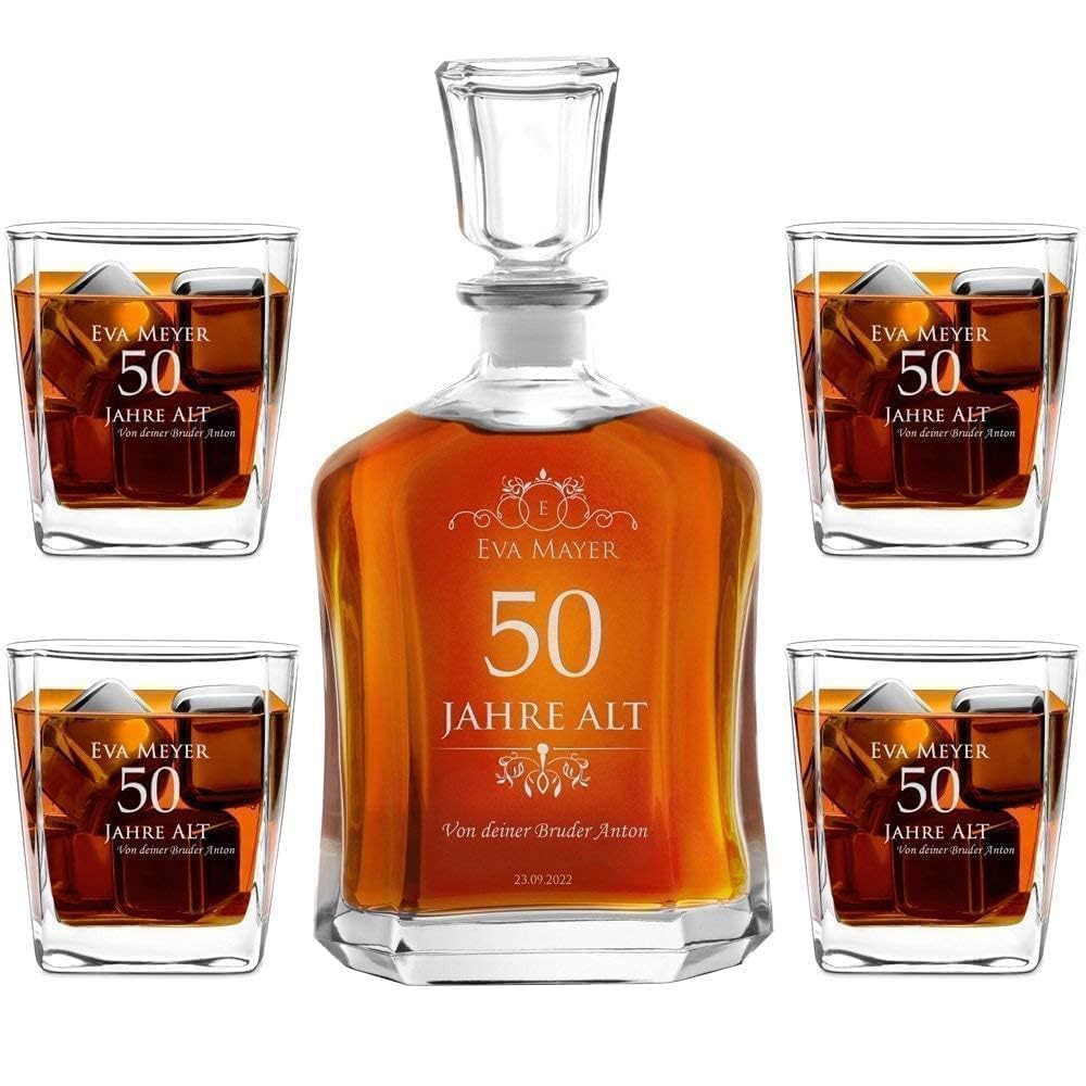 Maverton Whiskey Karaffe + 4er Whiskygläser Set mit Gravur personalisiert