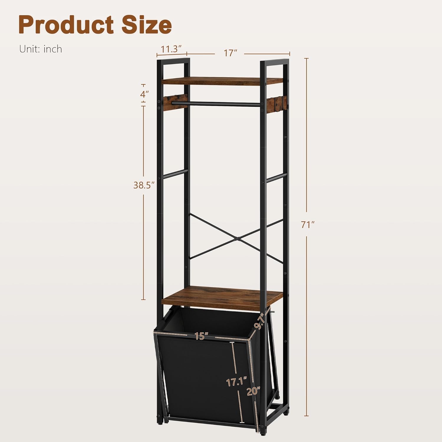 Hoctieon Coat Rack with 35L Tilt Out Basket, Clothes Garment Rack with Dual Shelves & Side Hooks, X-Shaped Sturdy Structure Freestanding Hall Tree Laundry Hamper for Bedroom Laundry Room Bathroom