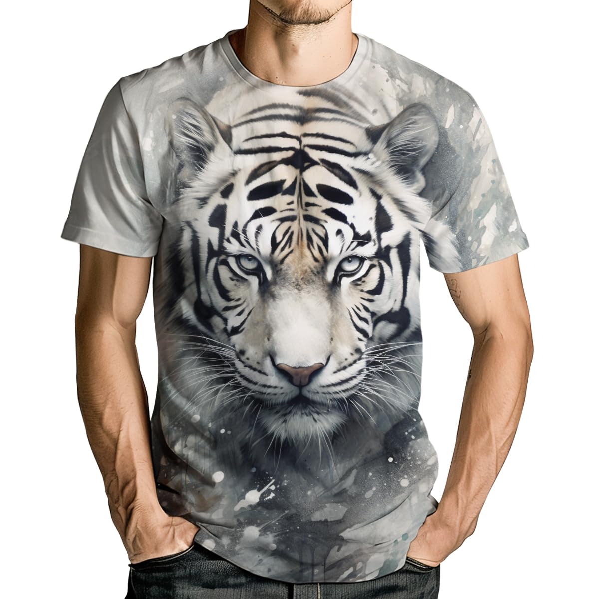 HehanusMen's Novelity Tiger Graphic T-Shirts White Tiger 3D Print Summer Short Sleeve Tee Shirt