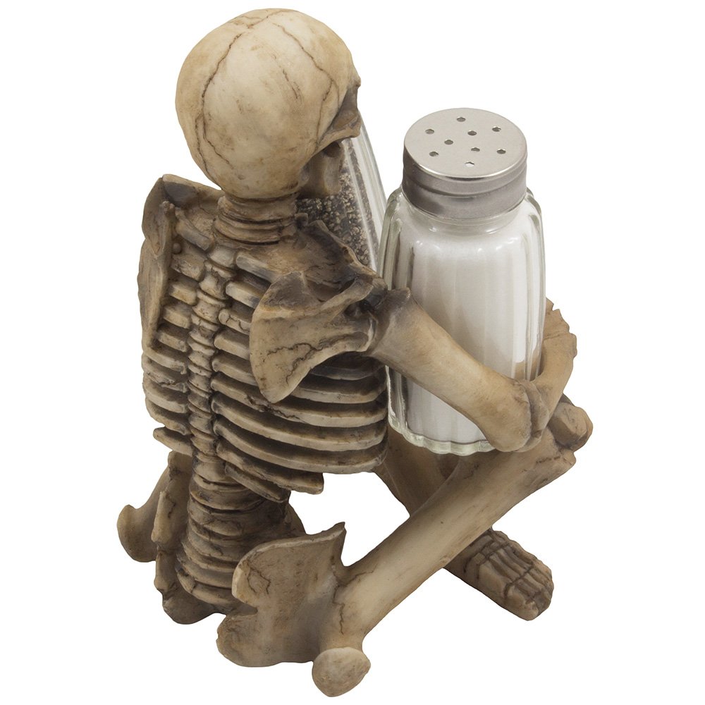 Home-n-Gifts Salz- und Pfefferstreuer-Set mit Skelett-Glasstreuern und Dekorativem Gewrzregal aus Kaltgussharz fr Halloween-Party-Dekoration und Kchenschmuck