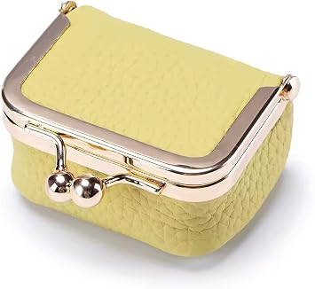 Genuine Leather Mini Jewelry Box for Women, Square Coin Purse with Kiss Lock, Jewelry Organizer Travel Case Small, Yellow