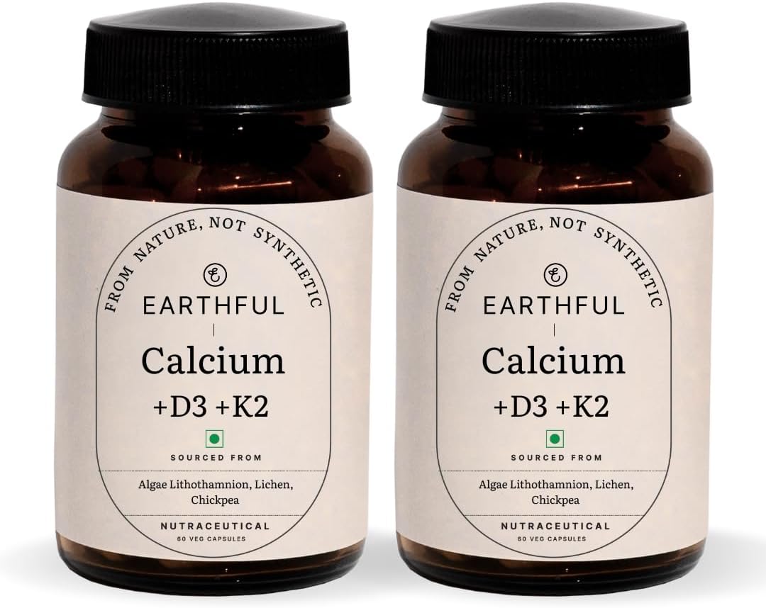 Earthful Calcium Magnesium Capsules | 100% Plant, Non-Synthetic | Bone Health Support with Vitamin D3 & K2 | Pack of 2 for Stronger Bones & Joint Relief | Clean Formula, No Additives