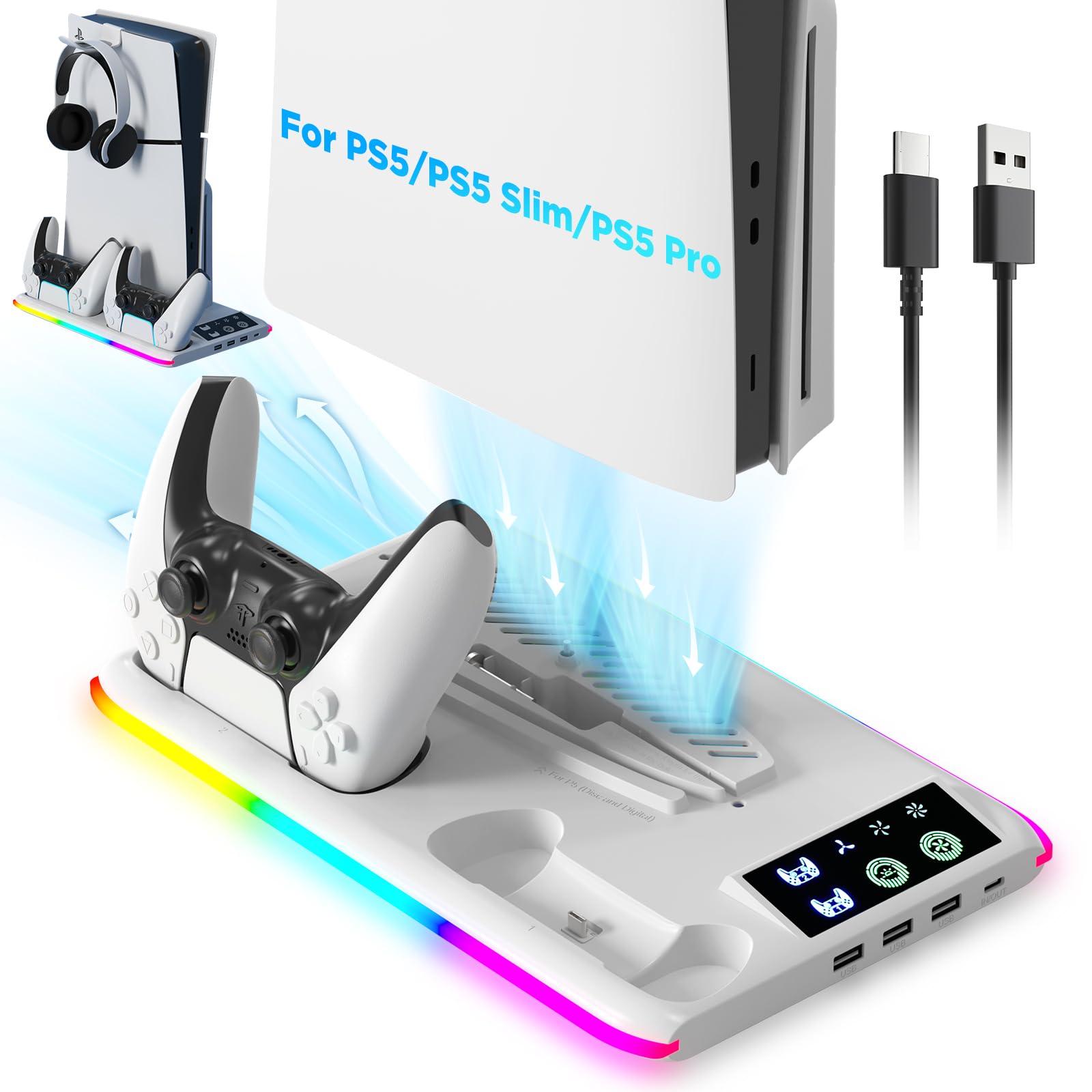 Supporto per PS5/Slim/Pro con Ventola di Raffreddamento, Ricarica Controller PS5, Base PS5 Supporto Verticale con 3 Luci RGB modes per Playstation 5 Console Edizione Disco/Digital Accessori