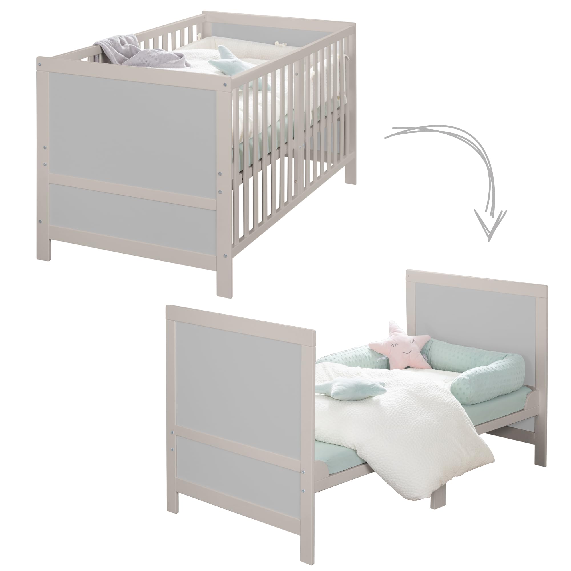 roba Lettino Trasformabile EASY SLEEP - 70 x 140 cm - Elementi Convertibili Inclusi - Montaggio Rapido - Resistente e Moderno - 3 Altezze - Legno Laccato Grigio Chiaro