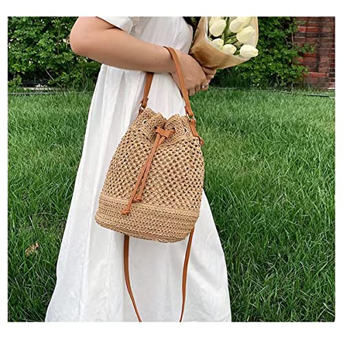 Image of Women Straw Drawstring Bucket Purse Small Tote Shoulder Handbag Hollow Out Cross-body Bag for Summer,Beach | Straw