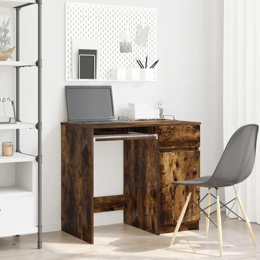 Scrivania affumicatura 86 x 49 x 76 cm, materiale in legno, con porta, cassetto e ripiano, versatile scrivania per computer per casa, ufficio, design moderno