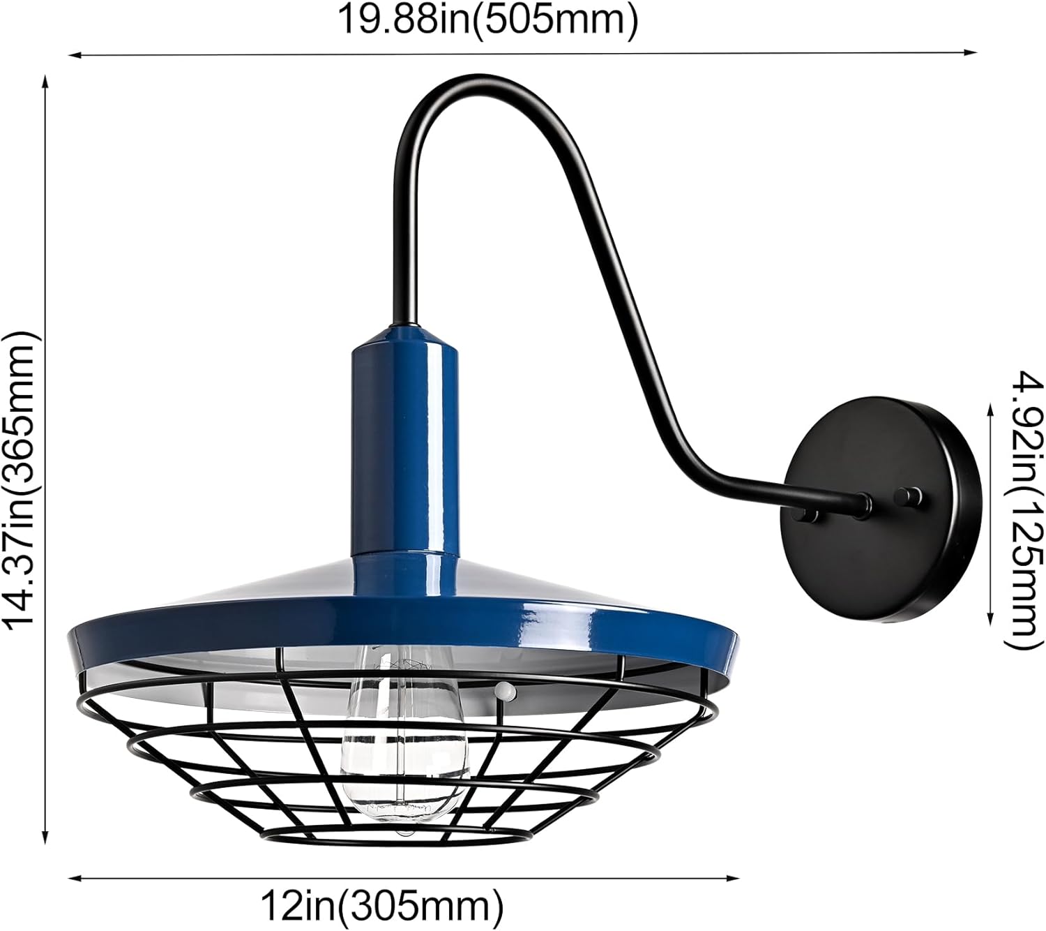 HOLKIRT Macaron Wall Sconce Blue Barn Shade Dimmable 1-Light Wall Sconce Lighting Gooseneck Arm Wall Mount Wire Caged Fixture for Bedroom Kitchen Living Room