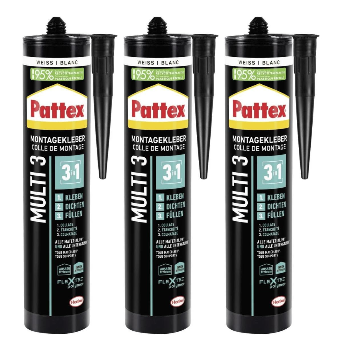 Montagekleber Weiß Multi 3-3in1 Baukleber - Kleben, Dichten, Füllen - Starker Kraftkleber für fast alle Materialien* - wetterbeständiger Baukleber für innen und außen (3 x 390g)