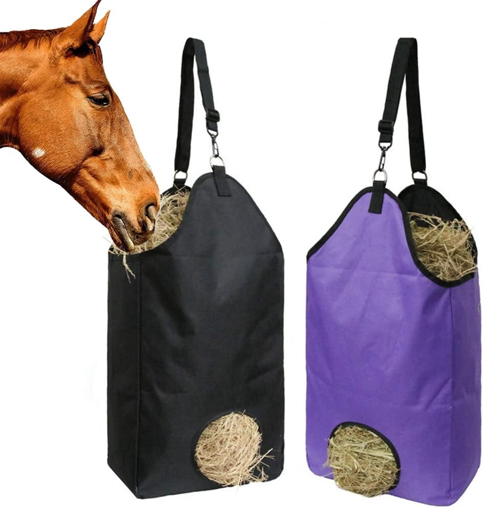 2 Pack Horse Hay Bag Large Feeding Hay Bag 600D Nylon Horse Hay Tote Bag Durable Horse Feeder Sack Storage Bag with Metal Rings for Horse Sheep Cow Goats (2 Pack (Purple&Black))