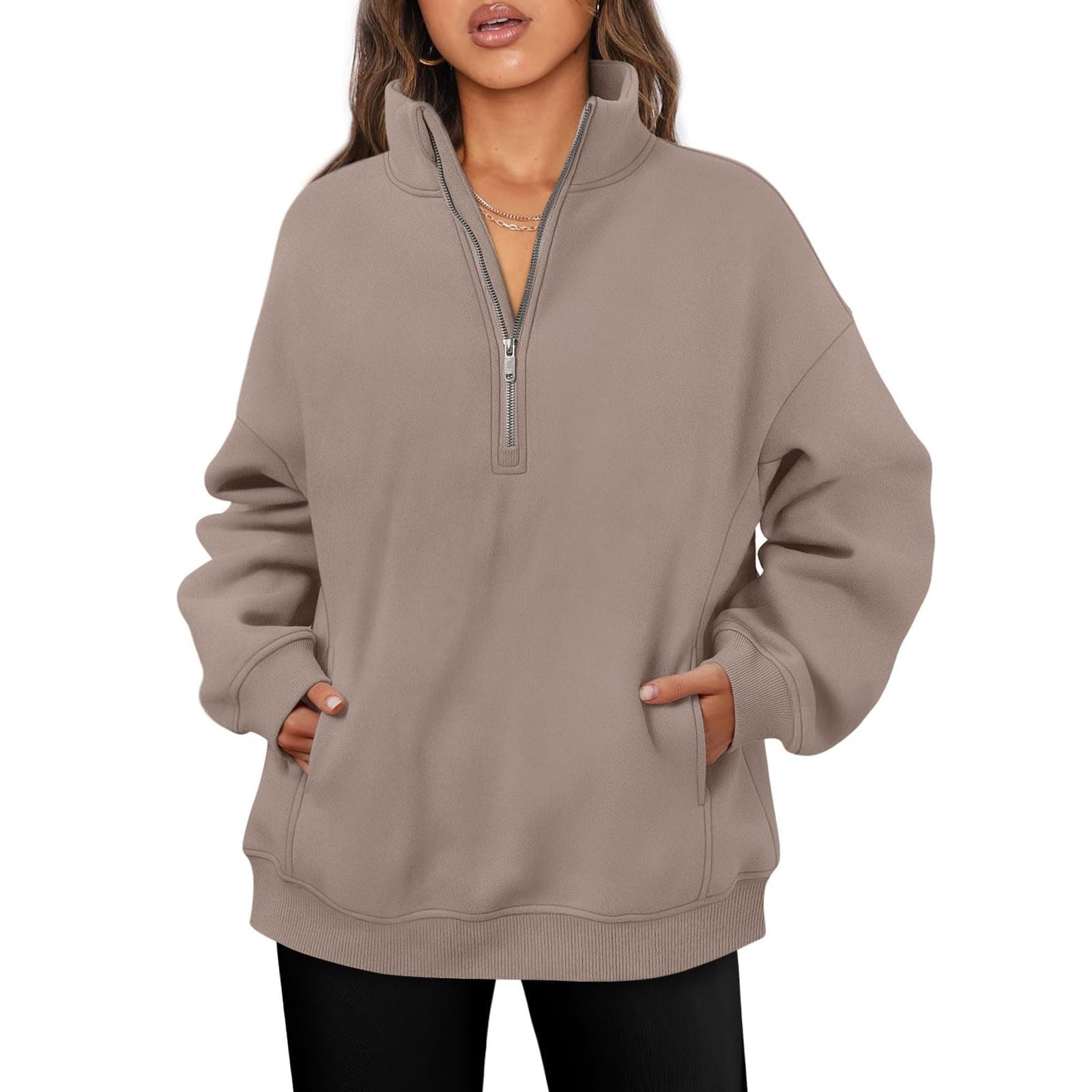 SOOUICKER Oversized Half Zip Sweatshirt Women Casual Loose Fit Long Sleeve Tops Pullover Sweatshirt with Pockets