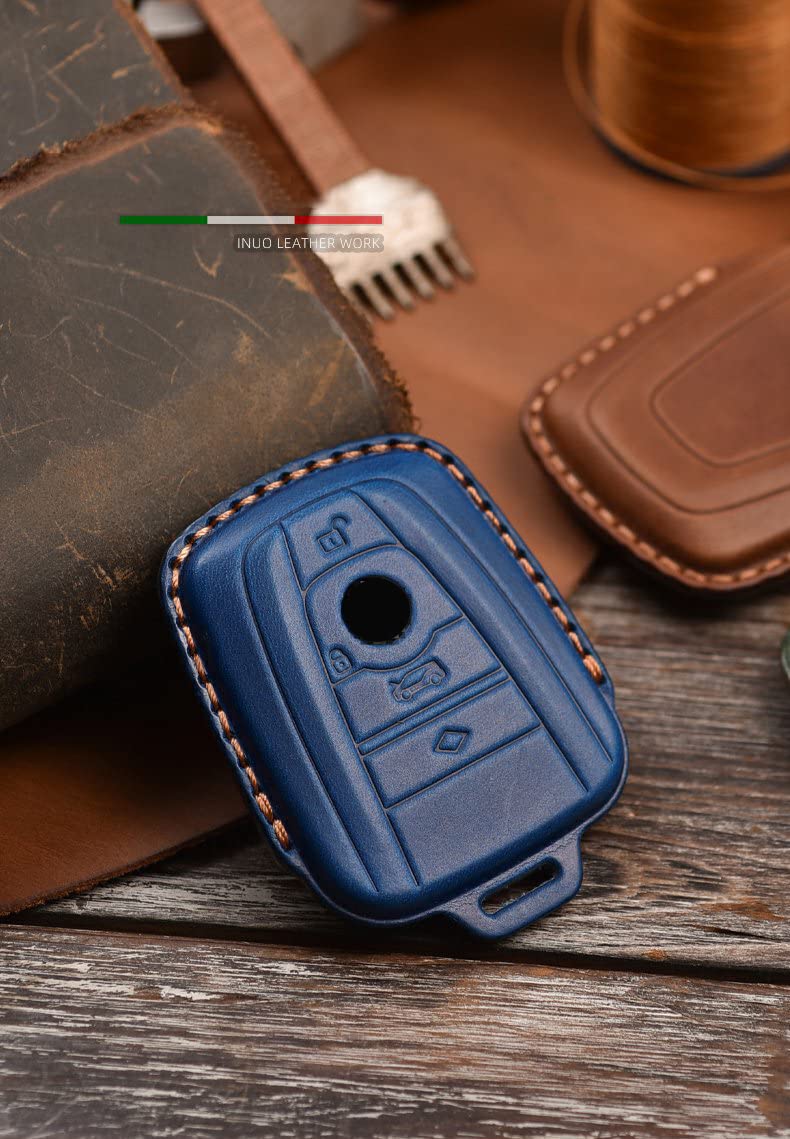 ontto Custodia per chiave auto, adatta per BMW I3 I8, accesso senza chiavi auto, con telecomando, in metallo, in pelle, con portachiavi, accessori A, colore nero, marrone