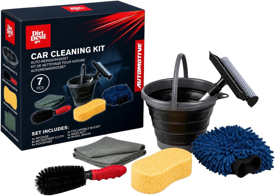 Dirt Devil Car Cleaning Set 7-Piece – Microfibre Wash Mitt – Sponge & Rim Brush – Microfibre Cloth & Folding Bucket – Car Care Set for Indoor and Outdoor Use