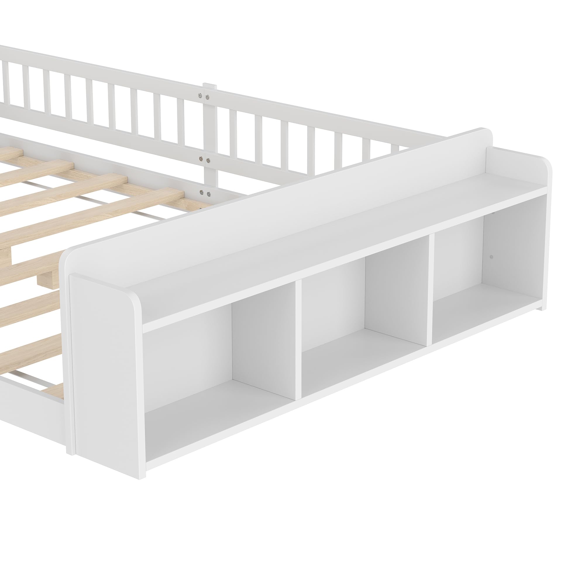 Merax Kinderbett Bodenbett 140x200 cm mit Rausfallschutz & Lattenrost, öffnbarem Zaun - Montessori Bett mit offenem Stauraum & Ablagen, Holz Bettgestell, Jugendbett, bis 200 kg belastbar