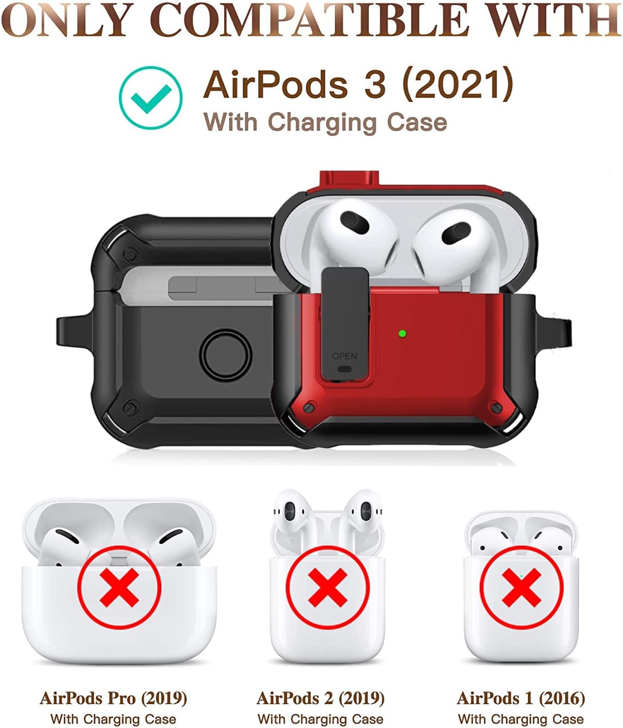 Olytop AirPods 3rd Generation Case with Lock Lid, Armor AirPod 3 Case Cover Full-Body Rugged Protective Case Shockproof Cover Men with Carabiner for Apple Airpods 3rd Gen Case (Black/Red)