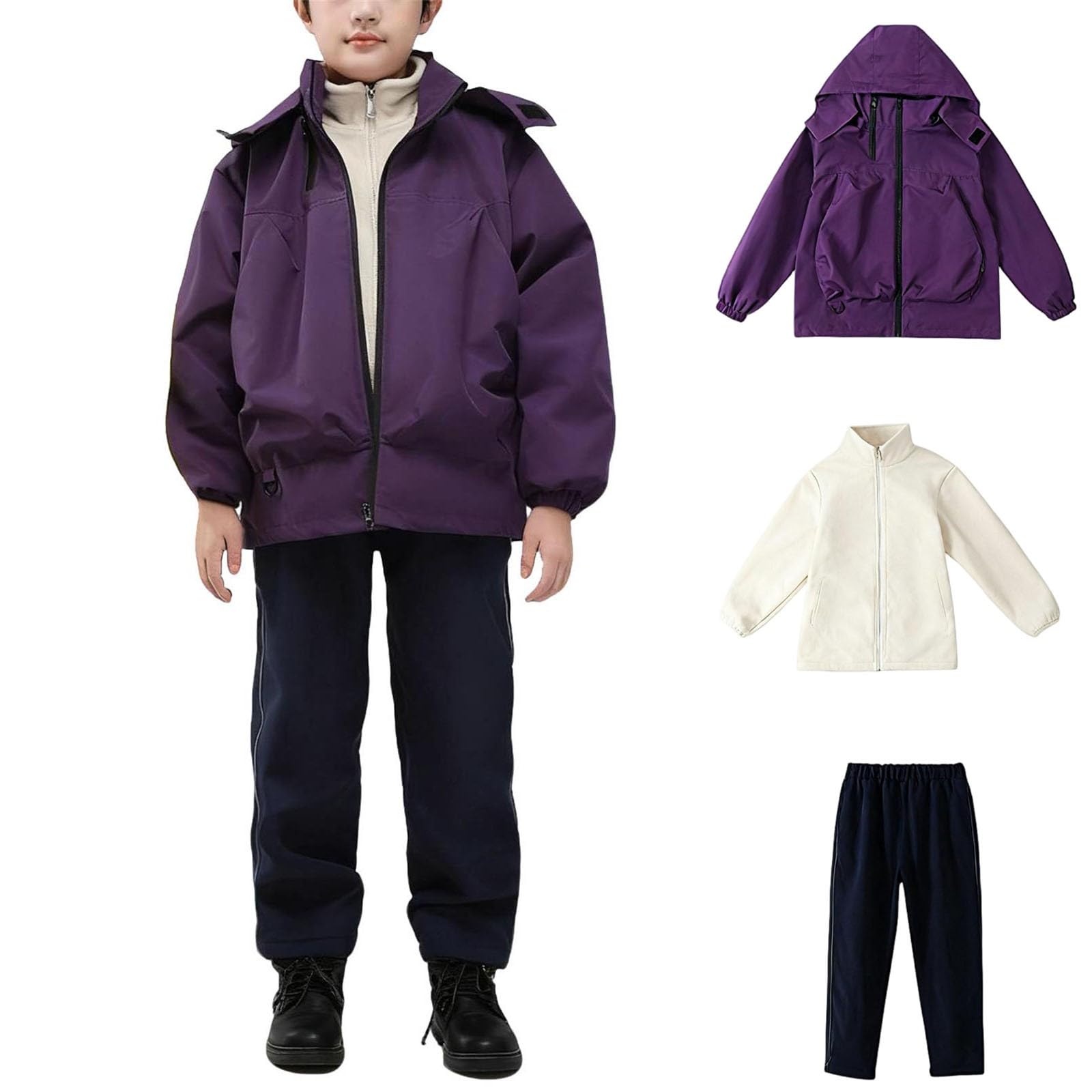 Chandal Niño Niña Traje de Exterior para Niños y Niñas 3 Piezas Chaqueta Impermeable con Capucha + Top Cálido de Forro Polar + Pantalones Largo Conjunto Deportivo a Prueba de Viento Impermeable