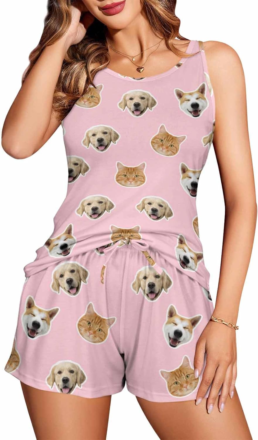 Artsadd Custom Pajamas with Face Photo Personalized Pajama for Women, Funny Pjs Tank Tops and Shorts Sleepwear Set - Image 2