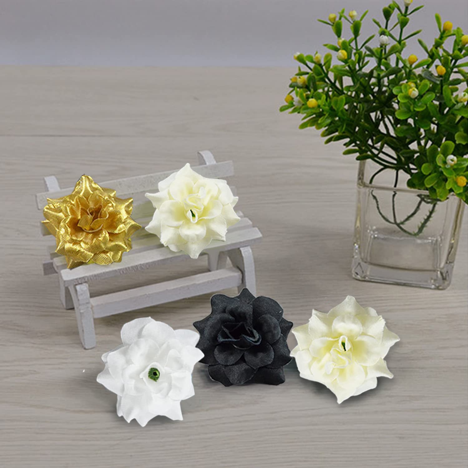 50 Fiori Artificiali Teste Di Rose In Tessuto - Oro, Per Decorazioni, Matrimoni, Fai Da Te