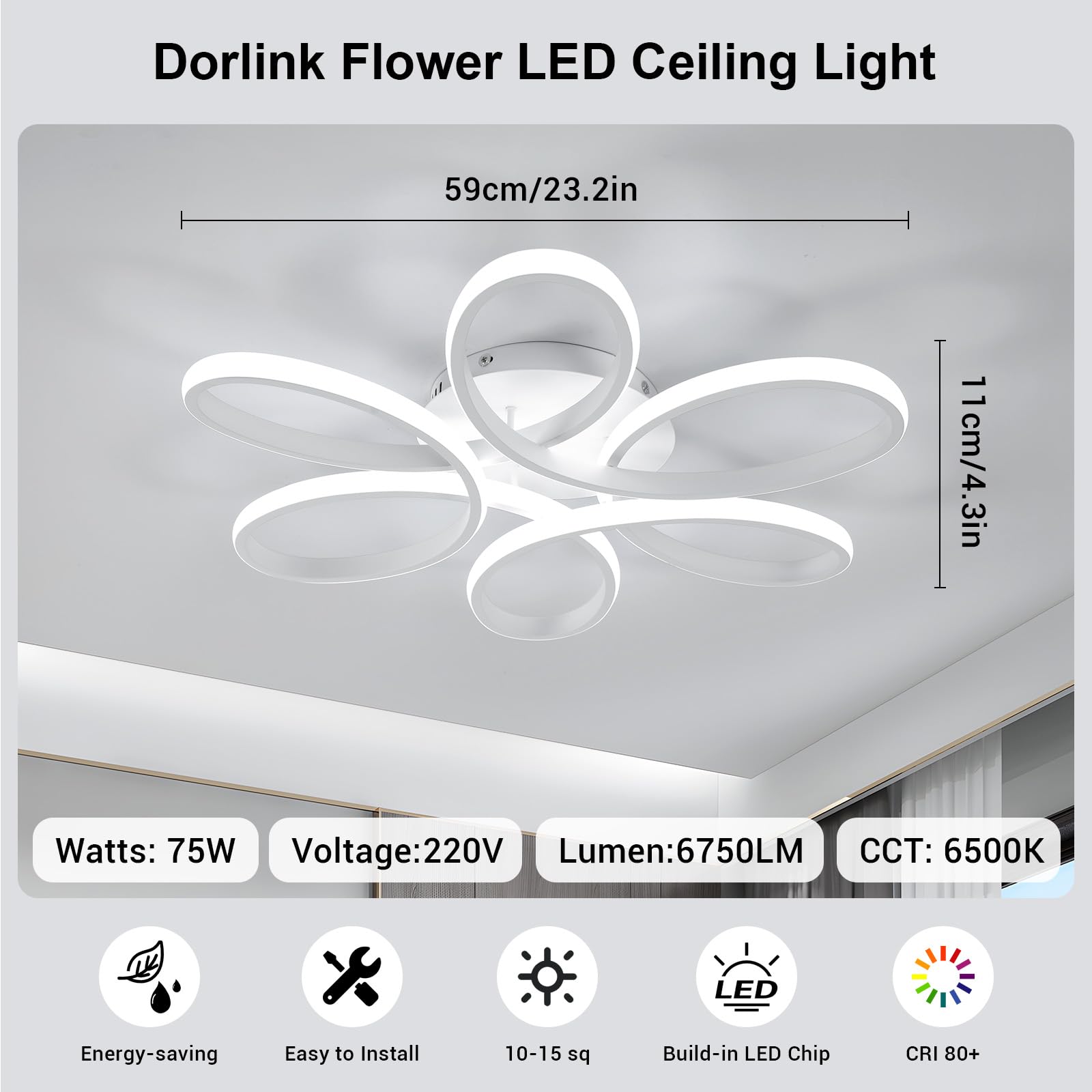 Dorlink Plafoniera LED Soffitto Moderna, 75W 6750LM Lampadario LED Camera da Letto, Lampadario Soggiorno Fiore Curvo, Lampadario LED, Lampadari LED Cucina 6500K Bianco Freddo, Ø59CM