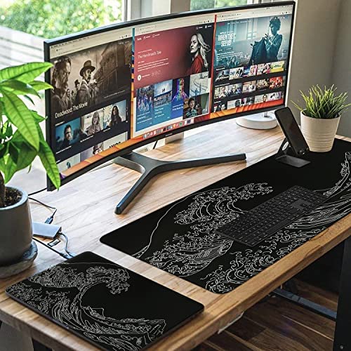 Image of iCasso Gaming Mouse Pad, XXL Large Gaming Mousepad, Big Rubber Base Mouse Mat with Stitched Edges, Computer Keyboard Desk Pad for Work, Game, Office, Home - Black Wave of Kanagawa