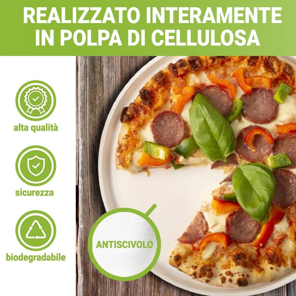 50 Piatti Pizza Bianchi in Polpa di Cellulosa 32cm, Ideale per Pizza, Piatti Impermeabili adatti al Microonde, Biodegradabili e Compostabili
