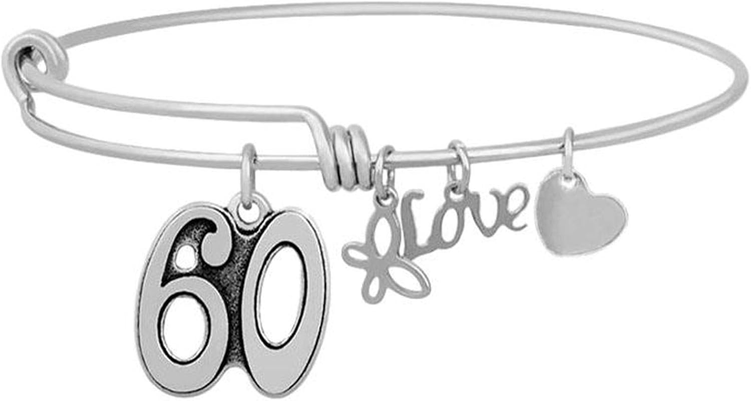 Charm Buddy Birthday Gifts for Her Stainless Steel Adjustable Bangle Bracelets for 16th 18th 21st 30th 40th 50th 60th Gift Box Set (7. 60th Birthday)