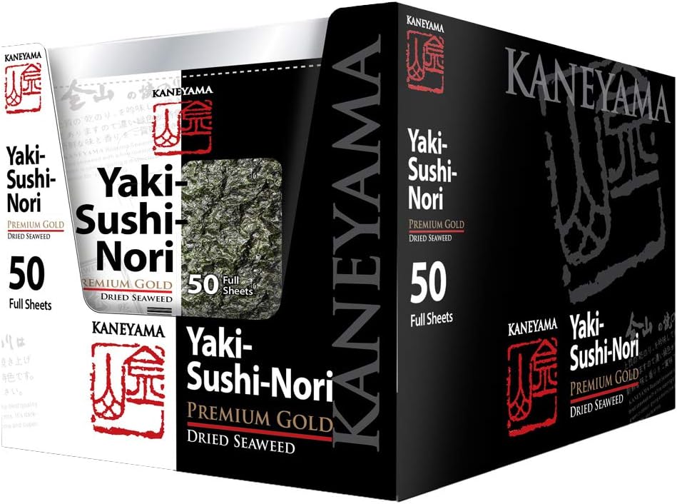 Kaneyama Yaki Sushi Nori, Premium Gold, Full Size, 8 Inner Boxes of 10 x 50-Sheet-Pk, Total 4000 Full Sheets
