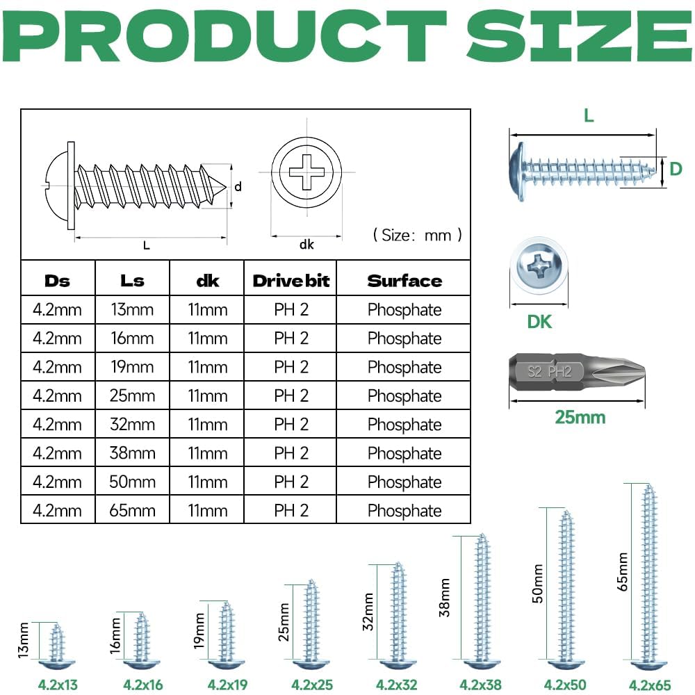 Jyvex 210pcs Pan Head Self-Tapping Screws, 4.2 x 16mm Flat & Wafer Head Carbon Steel Zinc Plated Wood Screws for Wood Plastic - Image 2