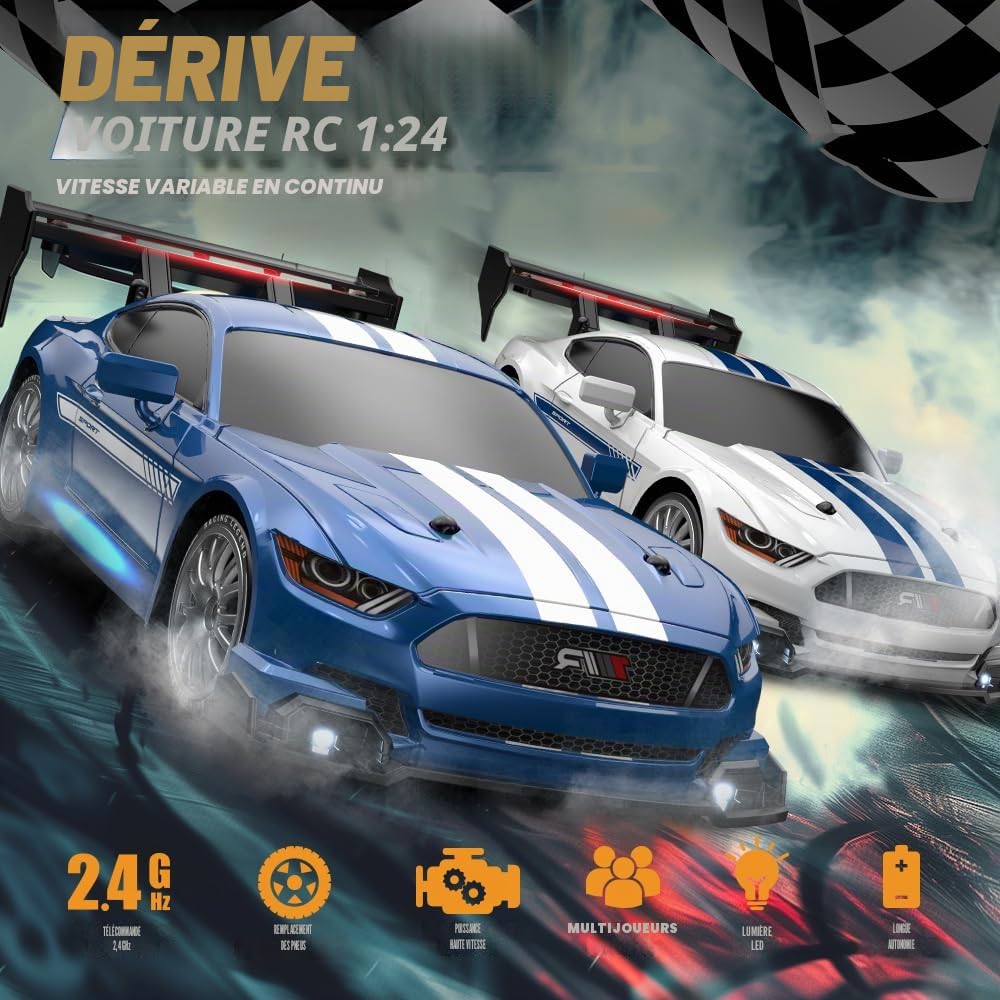 Drift Car 1:24 Voiture de course télécommandée 20 km/h 4WD 2,4 GHz Mini RC Car avec lumières LED pour enfants