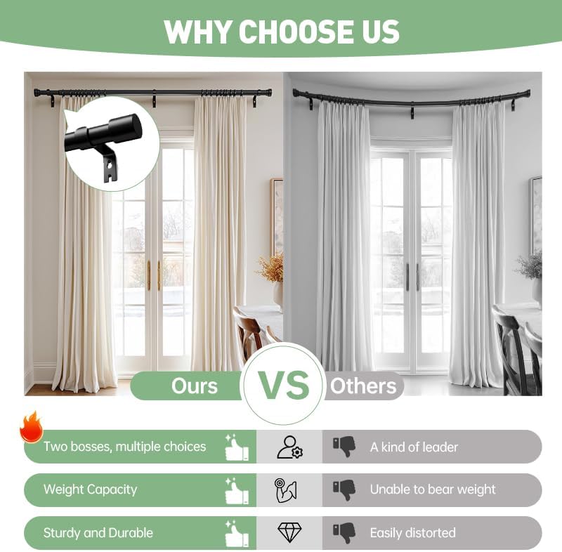 Curtain Rods for Windows 24 to 144, 1 Inch Adjustable Duty Black Curtain Rod, Outdoor Indoor Room Divider Modern Drapery Pole,with two pairs of ends (Black, X-Large)