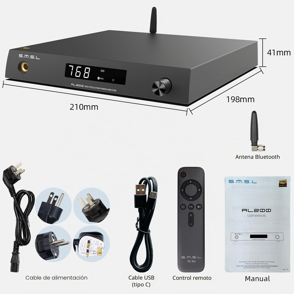 S.M.S.L AL200 Amplificador Integrado Estéreo, Amplificador de Auriculares de Audio Clase D de 2 Canales, Chip MA5332MS XMOS XU-316 MQA DSD Nativo 256, Entrada RCA/Bluetooth/USB/Coaxial/Optica