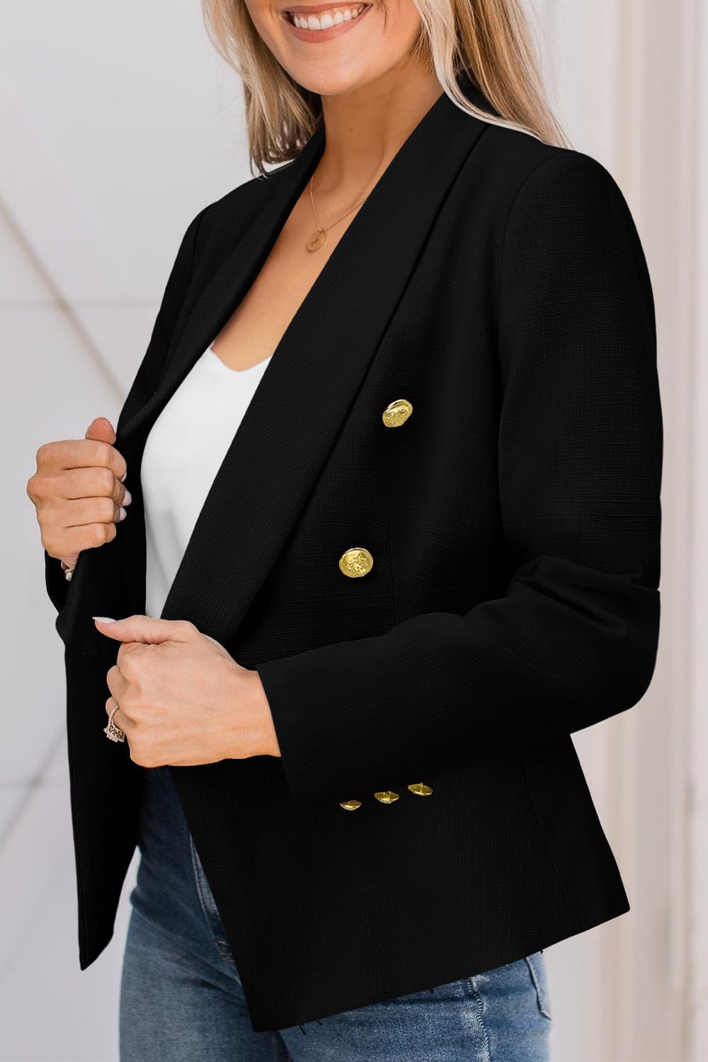 CRAZY GRID Womens Casual Blazer Jacket Gold Button Long Sleeve Work 0ffice Blazer Lapel Open Front Jacket - Image 4