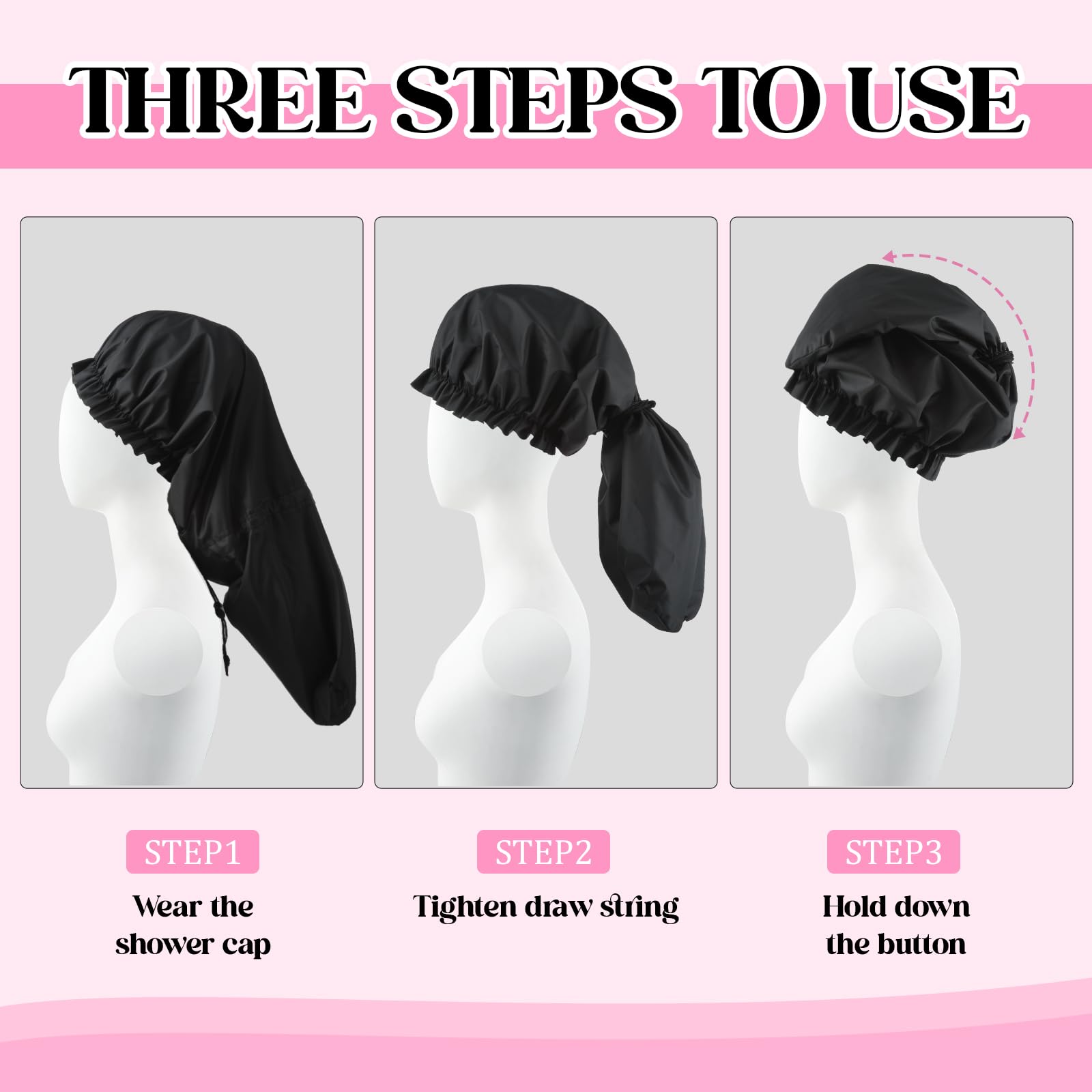 2 Pcs Large Shower Cap for Braids, Extra Long Shower Cap for Women Long Hair & Locs, Waterproof Hair Bonnets for Dreadlocks Drawstring Bath Caps for Women & Men (Black, Pink) - Image 4