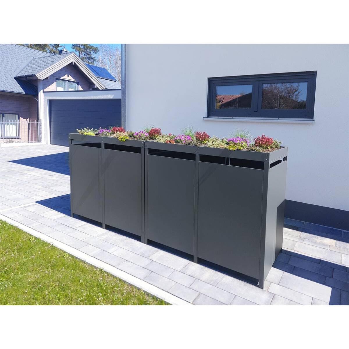 Metzler Mülltonnenbox 4er 240L in Anthrazit & Holzoptik mit Pflanzdach & Sichtstreifen, Mülltonnenverkleidung 4 Tonnen mit Automatikdeckel, Müllbox mit pulverbeschichtetem Stahl rostfrei, abschließbar