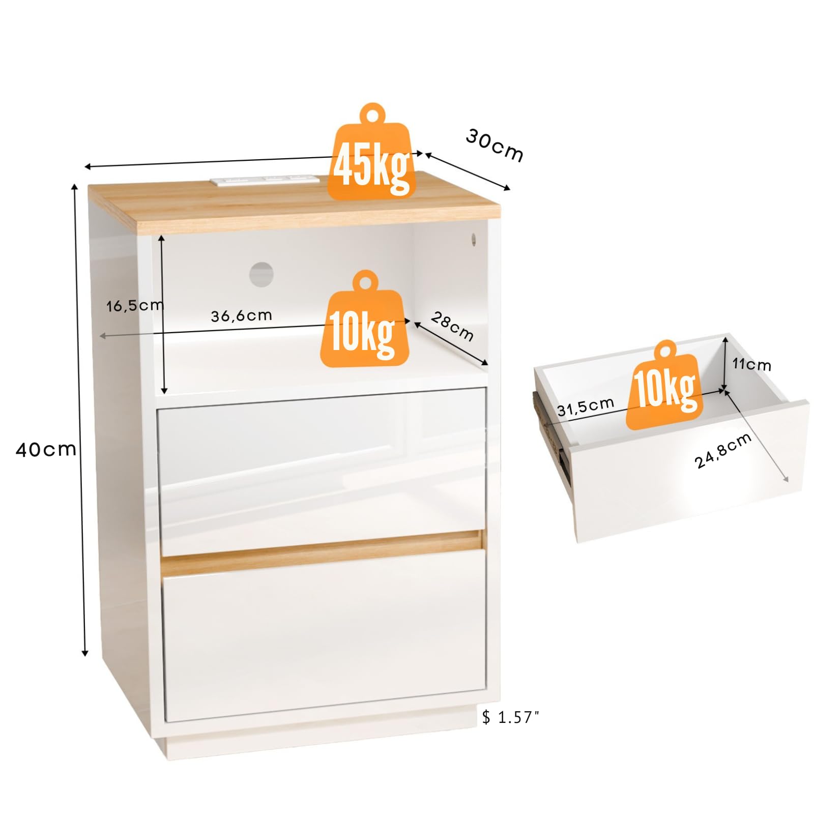 LEADZM Table de Chevet Lot de 2 avec lumières LED avec Station de Charge et Ports USB,Table d'appoint, Commode de Nuit, 40 x 30 x 60cm, Blanc Brillant Fiche européenne