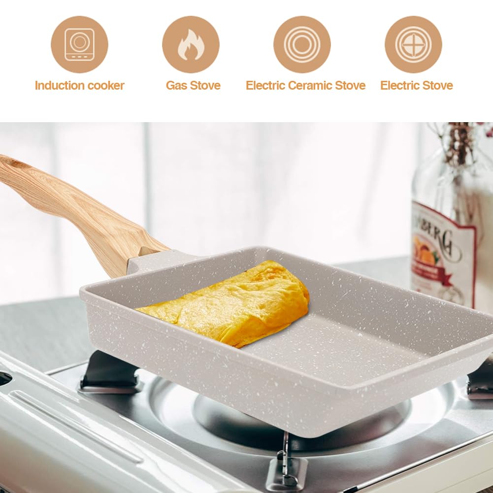RANJIMA Padella per Omelette Giapponese Tamagoyaki, Padella Rettangolare per Frittata Antiaderente per con Manico in Legno e Spatola in Silicone, per Cottura a Induzione e a Gas, 19 x 16 cm, Bianco