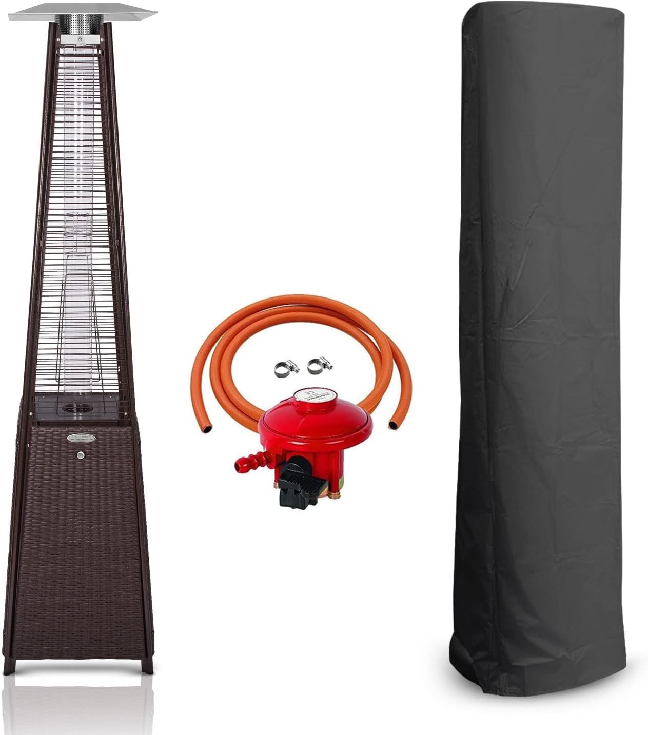 BU-KO Outdoor Patio Gas Heater, Garden, Camp, BBQ Parties, Brown Rattan Pyramid Style 13kw Propane Heater, Portable Wheels, Regulator & Hose | LPG Warm Heating Fire & Water Proof Cover Included