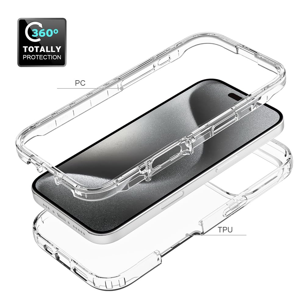 OUBELI Cover per iPhone 16 Custodia Antiurto a 360° con Protezione Schermo Integrata Rugged Doppia Silicone TPU Bumper Trasparente Full Case fronte retro - Trasparente