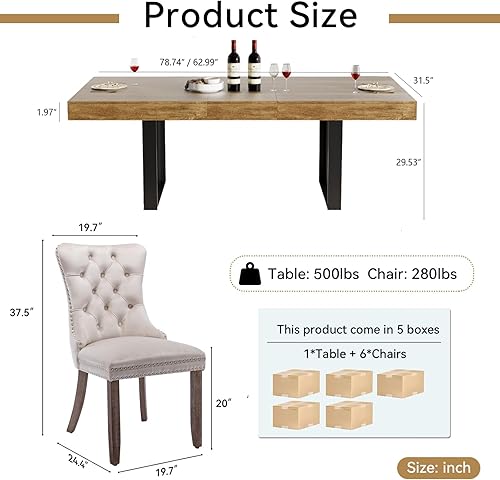 Miniatura 3 de Juego de mesa de comedor extensible marrón de 63 a 78.74 pulgadas para 6, juego de mesa de comedor de 7 piezas con 6 sillas tapizadas, mesa de Mesa