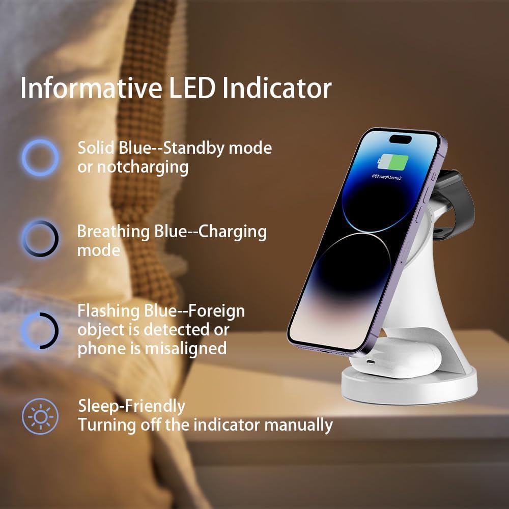 Magnetyczna ładowarka do Apple Watch i iPhone'a, 3 w 1, bezprzewodowa ładowarka do iPhone 16/15/14/13/12 Kompatybilna Samsung Apple Watch/AirPods Pro Series (biały)