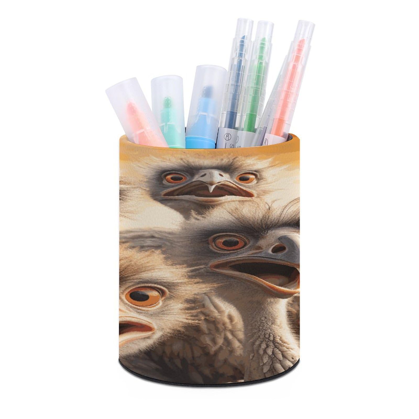 VstaDank Ostrich Pen Holder Round Pencil Holder Cup Pen Container PU Leather Desk Organizer Stand Decorative Brush Scissor Holder Decoration Office Desk Home (3.1 x 3.9 inch)