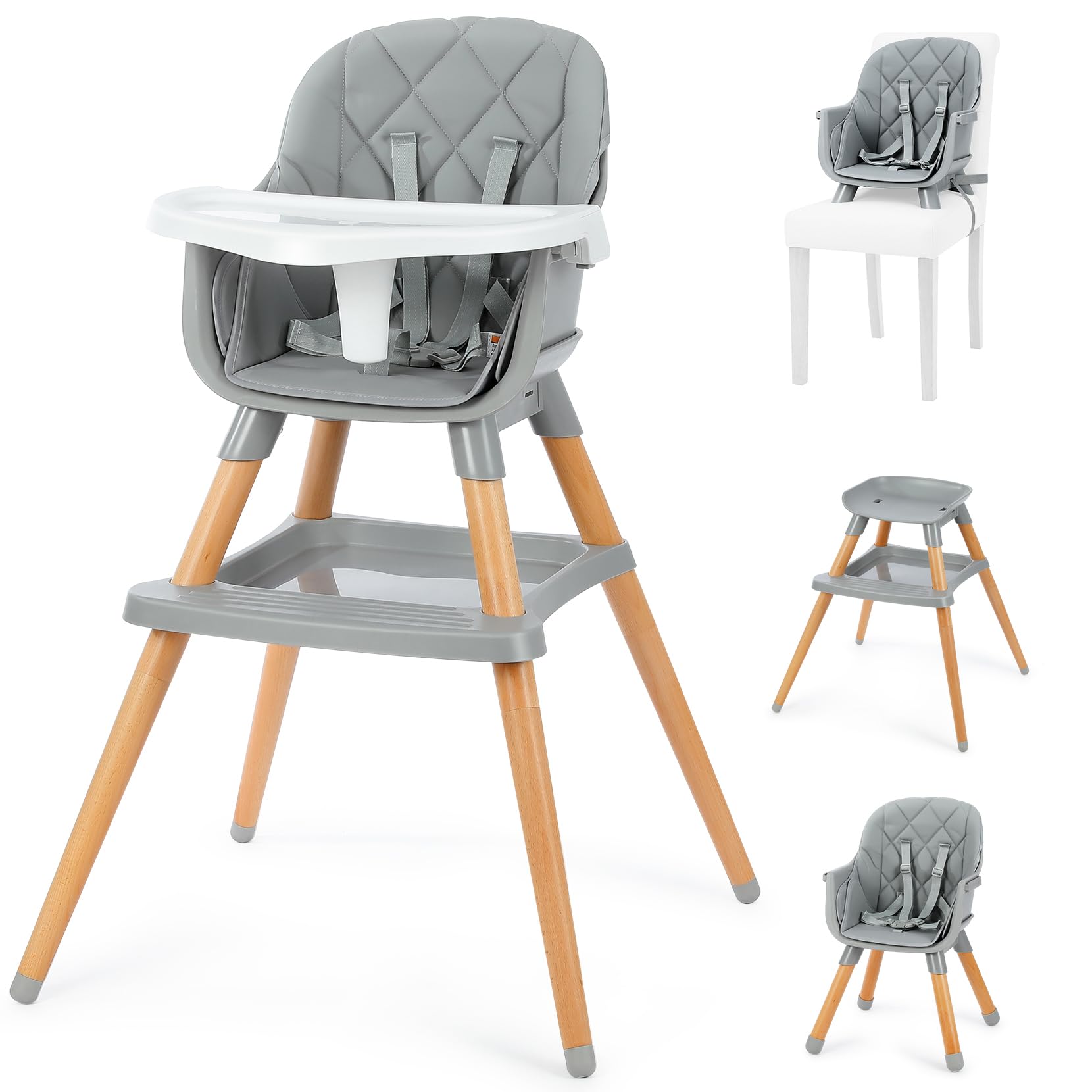 Ezebaby Hochstuhl baby 6 in 1 Sitzerhöhung Kinderstuhl Barhocker, Multfunktional Kinderhochstuhl, Beine aus Holz, mit 5-Punkt-Gurt, abnehmbare Tablett für Kinder ab 6 Monate (Grau mit Ablage)