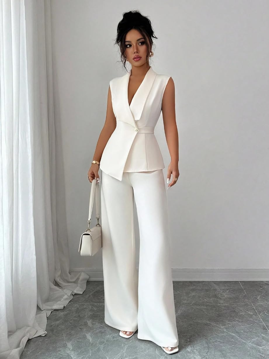 Completo Da Donna A Due Pezzi Elegante, Composto Da Gilet Senza Maniche con Scollo A V, Blazer Vita Alta E Pantaloni Gamba Larga, Set Coordinati Estivi Eleganti E Aderenti Per Lavoro, Uffic