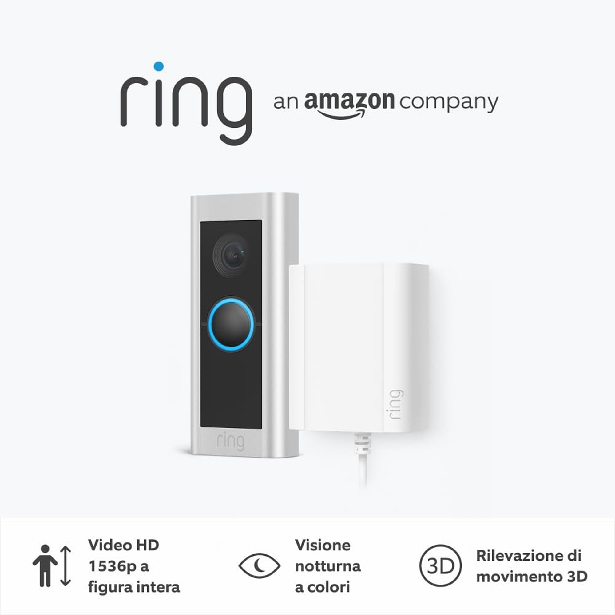 Ring Wired Video Doorbell Pro + Chime (3ª gen.) | campanello con telecamera, video in HD a 1536p, video a figura intera, con alimentatore plug-in | Prova gratuita di 30 giorni di Ring Home