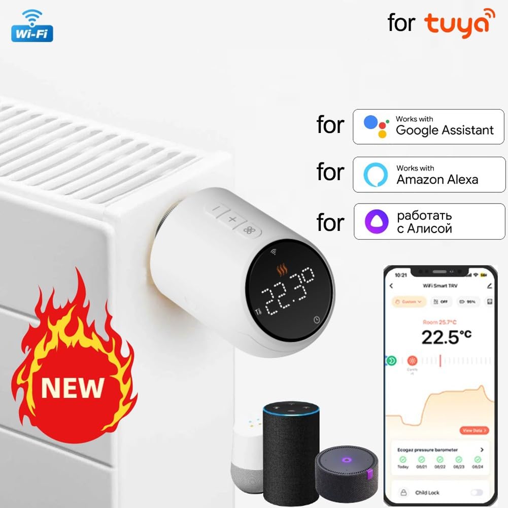 Valvola termostatica per termosifoni Smart TRV con WiFi, compatibile con app Tuya per Smart Life e per Alexa Voice Control, pianificazione a 6 periodi, blocco bambini, display girevole per