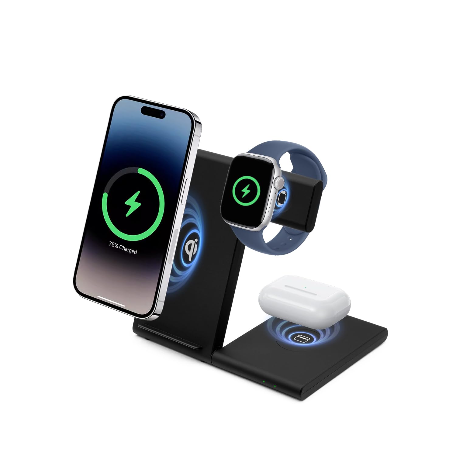 Stazione di ricarica wireless pieghevole 3 in 1 per dispositivi Apple, supporto caricabatterie wireless veloce da 15 W per iPhone 17/16/15/14/13 /Plus/Pro/Pro Max/12/11, Apple Watch 10/9/8/7/Ultra2