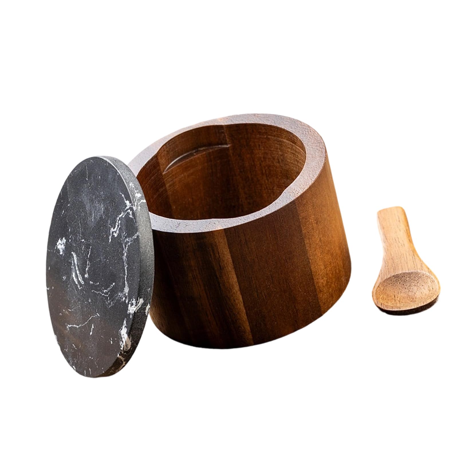 ZEPFJHE Handcrafted Wooden Condiment Holder with Stone Lid and Spoon for Seasoning Meal Cart Kitchen Planner