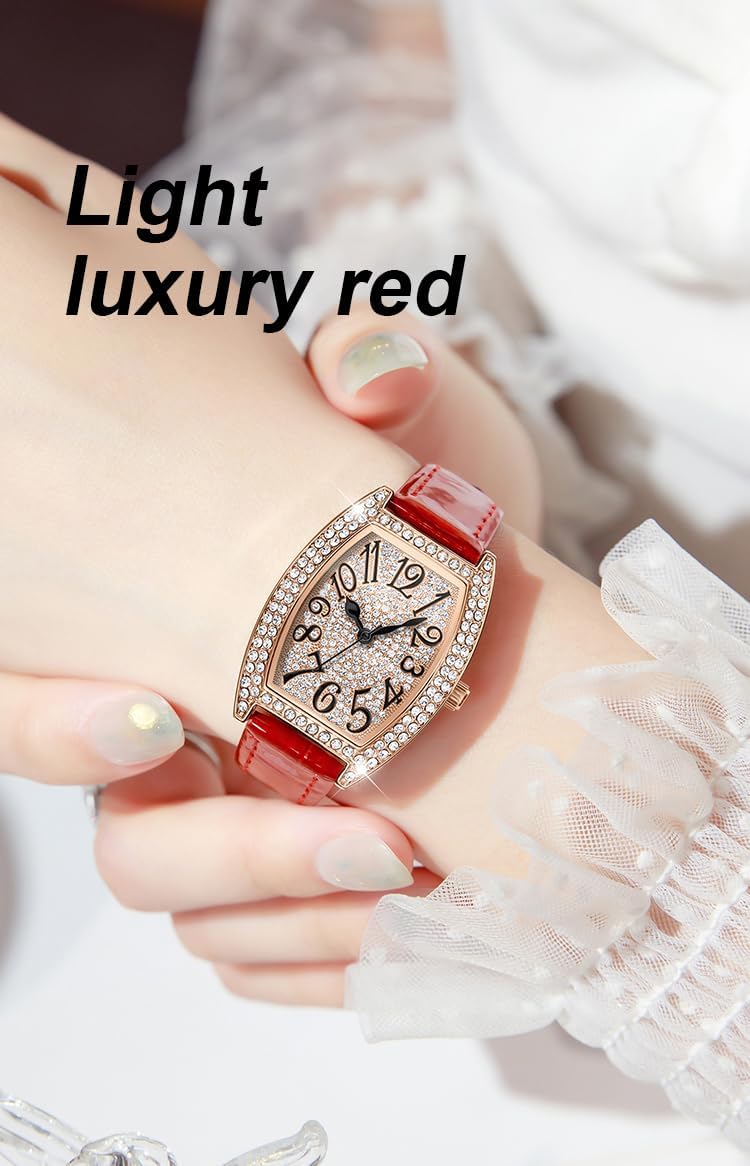 GORBEN Women's Barrel-Shaped Watch - Full Crystal Diamond Dial, Rose Gold Case, Black Patent Leather Strap, Quartz Analog Wristwatch for Women