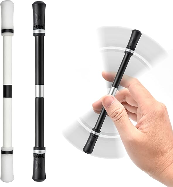 LALASTYLE 2 Piece Spinning Rotating Pen Rolling Finger Spinning Gaming Pen Non-slip Coating Pen Aluminum Alloy Balance Point Student Adults Entertainment, No Pen Refill (Black, White,Classic Style)