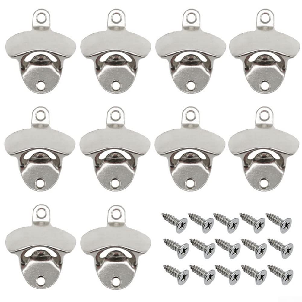 10PCS Wall Mounted Beer Bottle Opener, Retro Style Vintage Beer Bottle Opener with Mounting Screws for Bar, Kitchens & Vintage Rustic Bar (Silver)